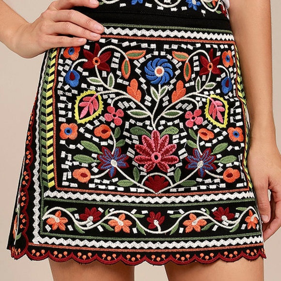Dresses & Skirts - Black & Colorful Floral Embroidered Mini Skit